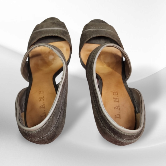 L.A.M.B. Taupe-Gray Suede Palma Lug Sole Open-toe Heels - Picture 4 of 7